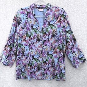 Tianello Dynasty Blouse Women XL Blue Floral Tencel Rayon Button Up 3/4 Sleeve